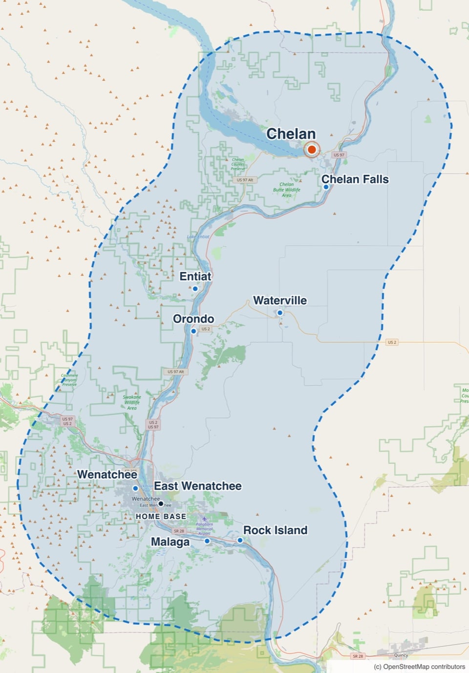 Map of the Worley Construction service area with Chelan highlighted, along the Columbia corridor from Malaga and Rock Island north to Chelan, plus Waterville.