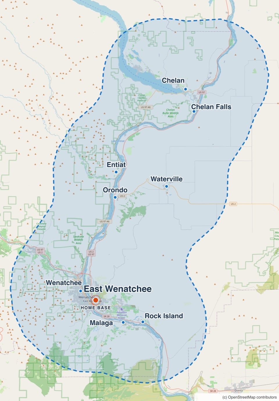 Map of the Worley Construction service area with East Wenatchee highlighted, along the Columbia corridor from Malaga and Rock Island north to Chelan, plus Waterville.