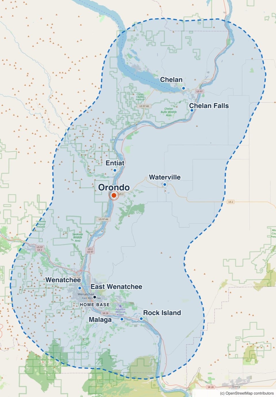 Map of the Worley Construction service area with Orondo highlighted, along the Columbia corridor from Malaga and Rock Island north to Chelan, plus Waterville.