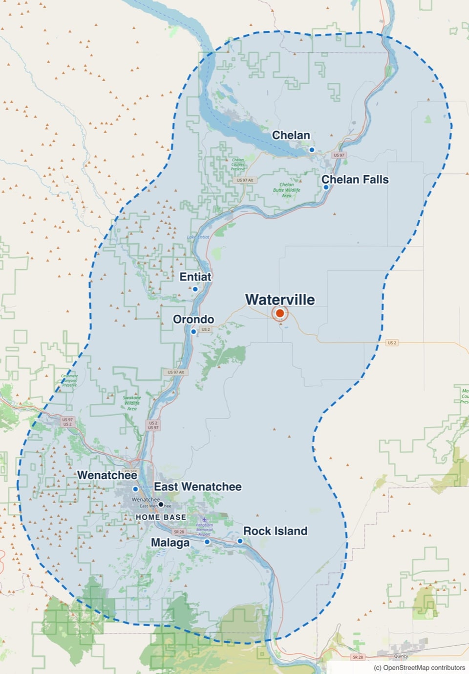 Map of the Worley Construction service area with Waterville highlighted, along the Columbia corridor from Malaga and Rock Island north to Chelan, plus Waterville.