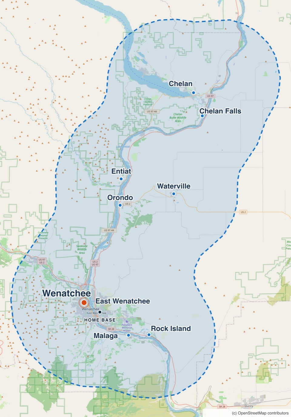 Map of the Worley Construction service area with Wenatchee highlighted, along the Columbia corridor from Malaga and Rock Island north to Chelan, plus Waterville.