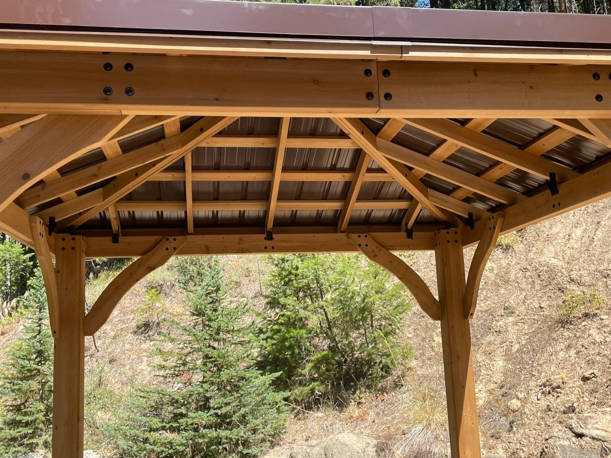 Gazebo roof framing and brackets from below.