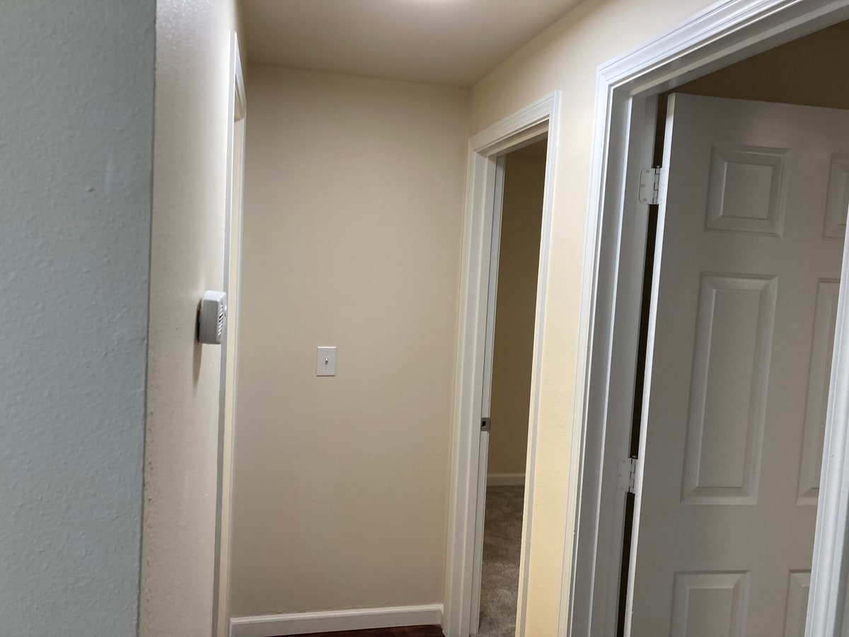 Hallway with new doors, trim and carpet.