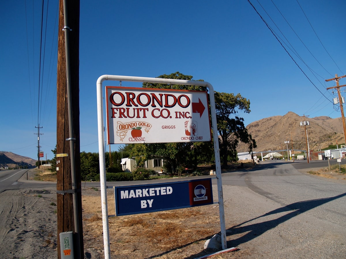 A roadside sign reading "Orondo Fruit Co. Inc." with a red arrow, standing beside the two-lane highway through Orondo.