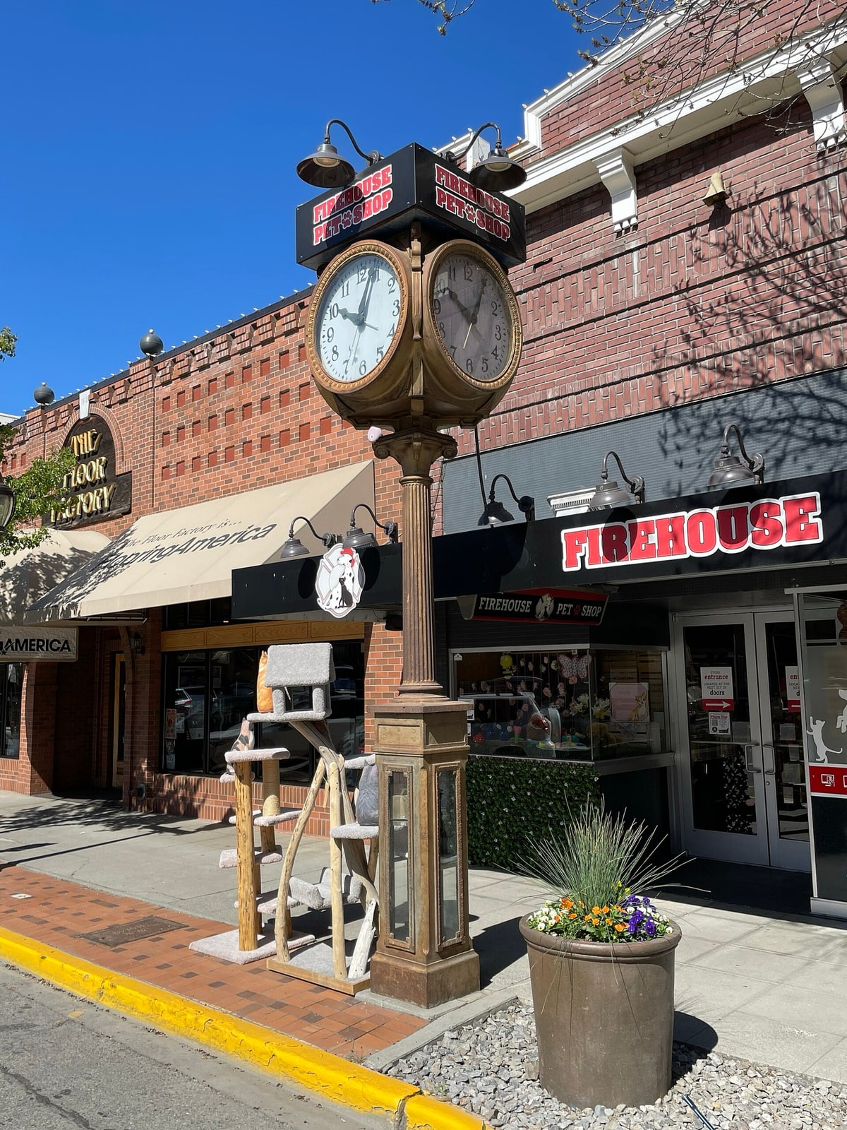 A cast-iron street clock on the sidewalk of South Wenatchee Avenue in downtown Wenatchee, Washington, in front of red-brick storefronts housing the Firehouse Pet Shop, The Clock Factory and a Bank of America branch, under a clear blue sky.
