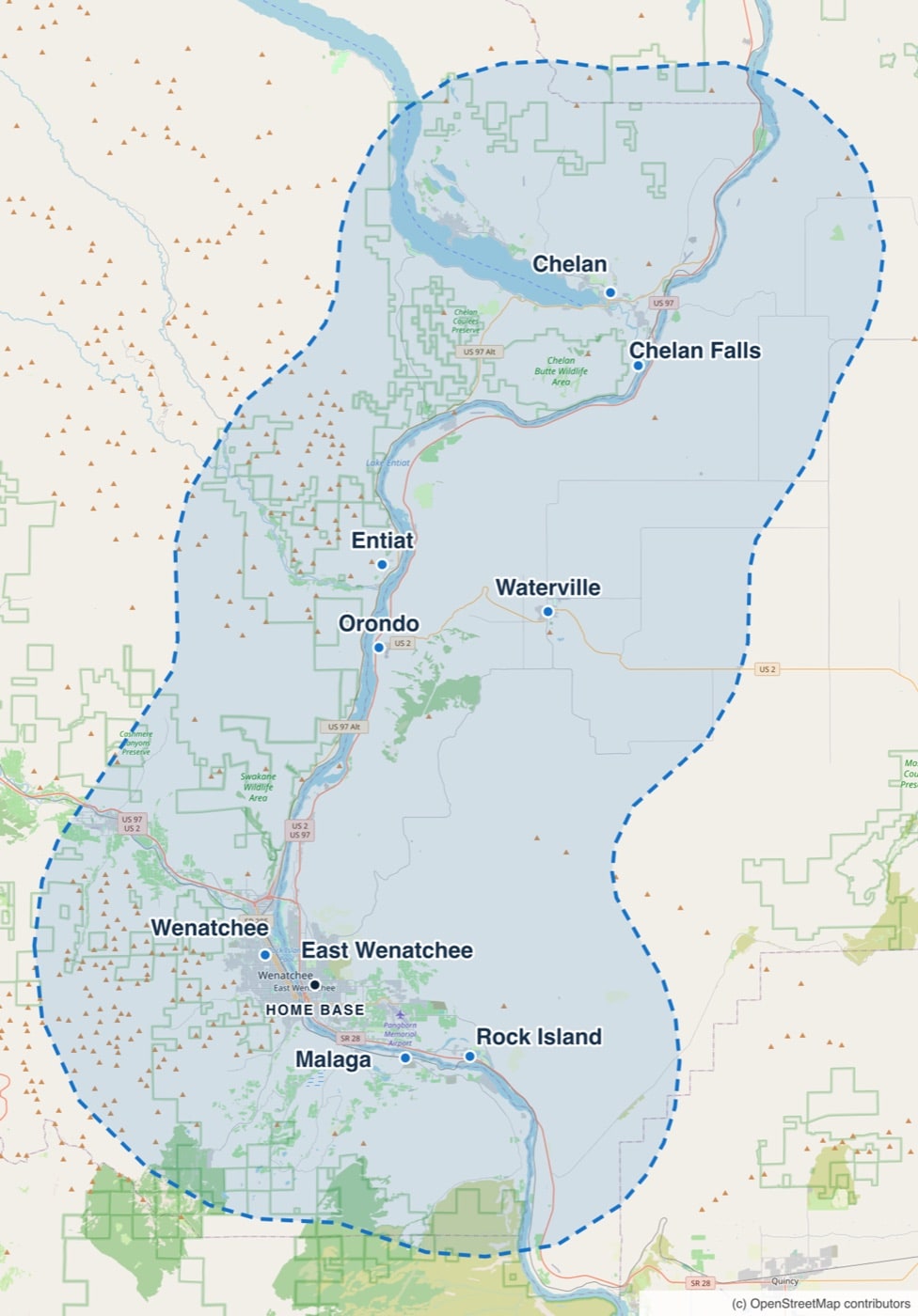 Map of the Worley Construction service area: the Wenatchee Valley around East Wenatchee, north up the Columbia to Chelan, and Waterville on the plateau.