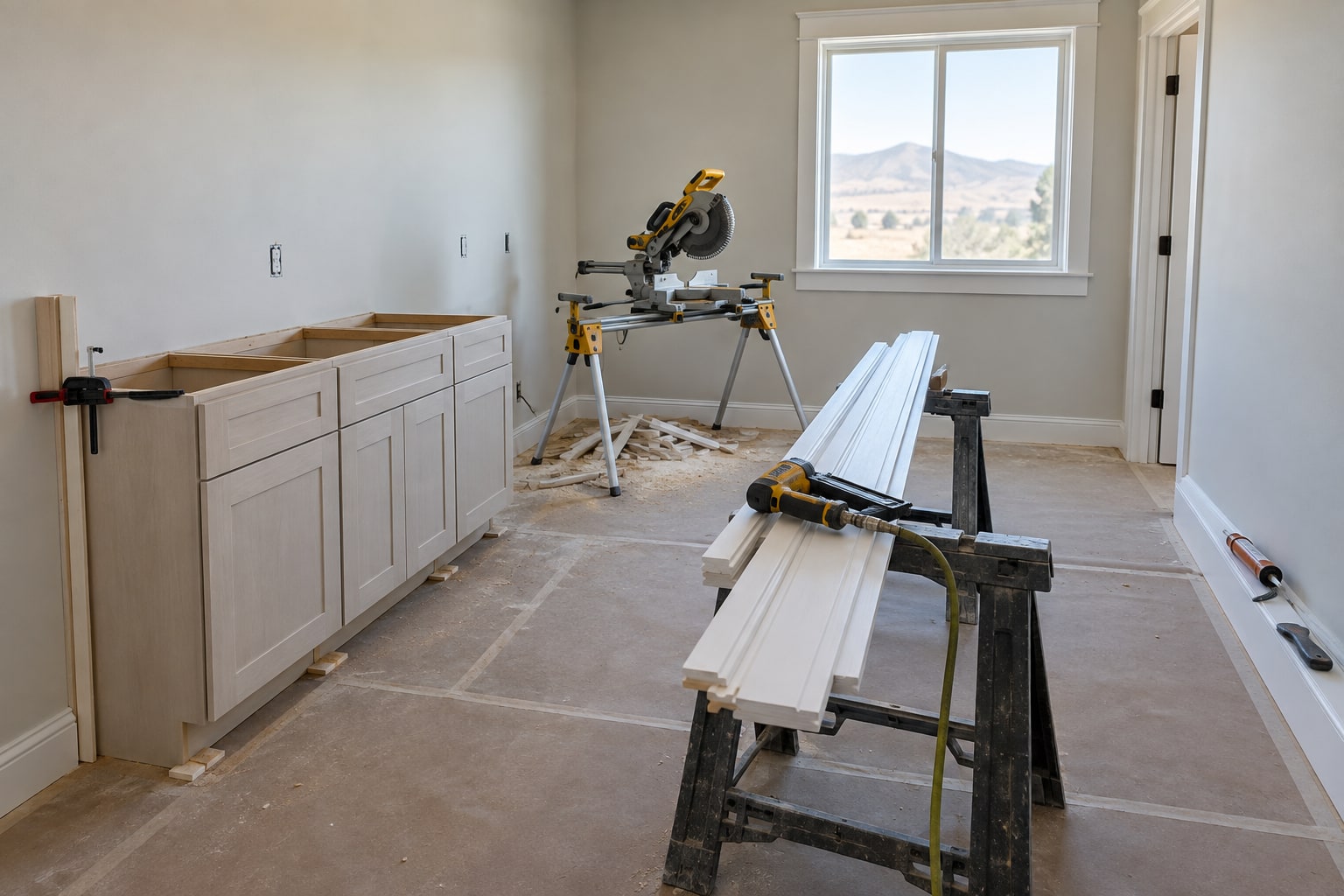 Kitchen with base cabinets set against the wall and a mitre saw on a stand, trim stock laid out ready to cut.