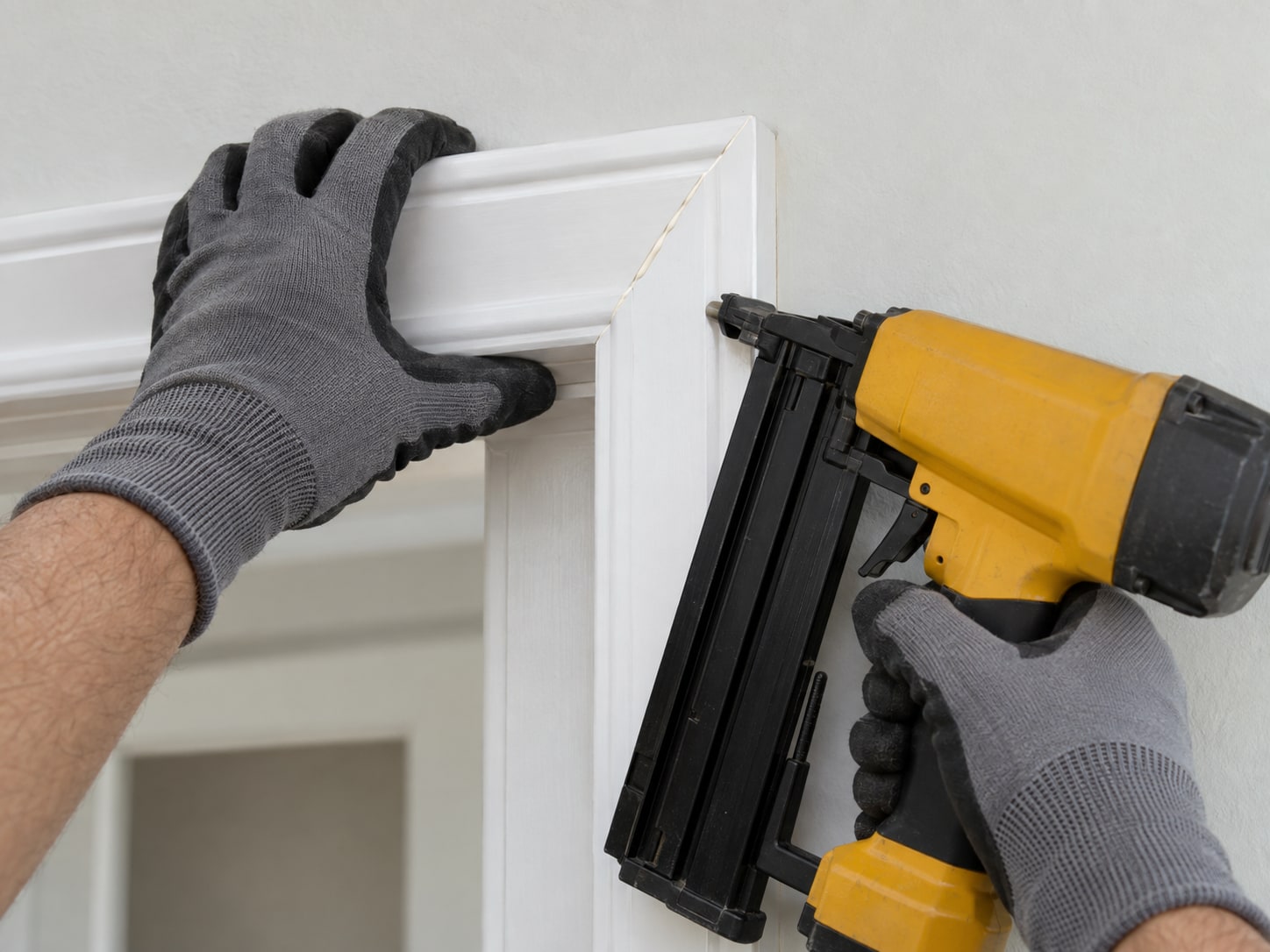 Finish nailer pinning casing to a door jamb, the mitred corner held tight against the reveal line.
