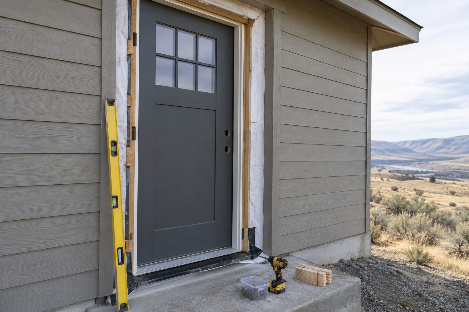 Exterior door set into a framed opening on a lap-sided home, plumbed with a level while the jamb is shimmed.