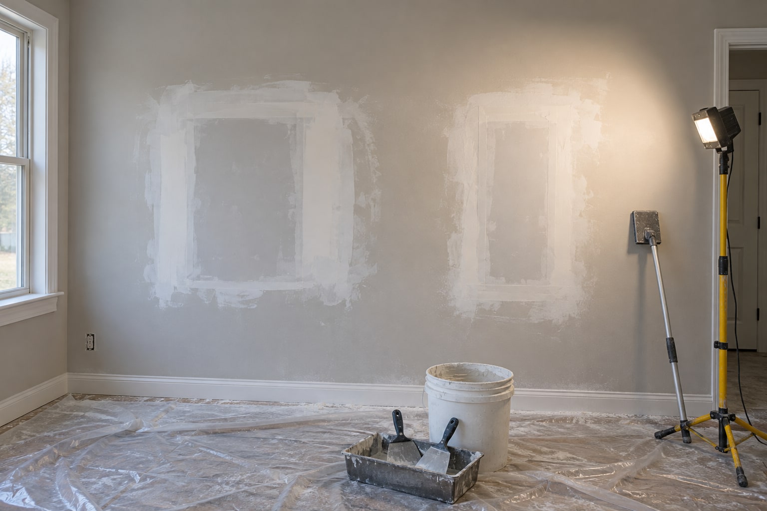 Interior wall with two drywall patches taped and coated, a work light raking across the finish to show the feathered edges.
