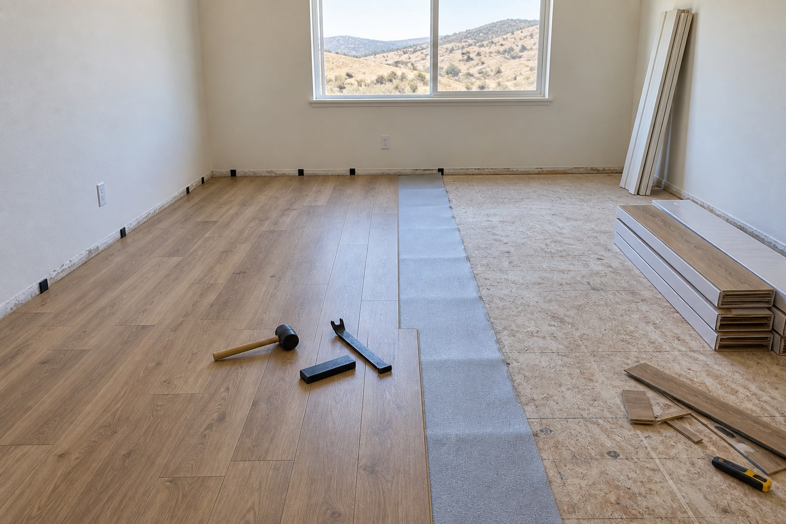 Plank flooring going down over underlayment in an empty room, spacers along the wall and a tapping block at the working edge.