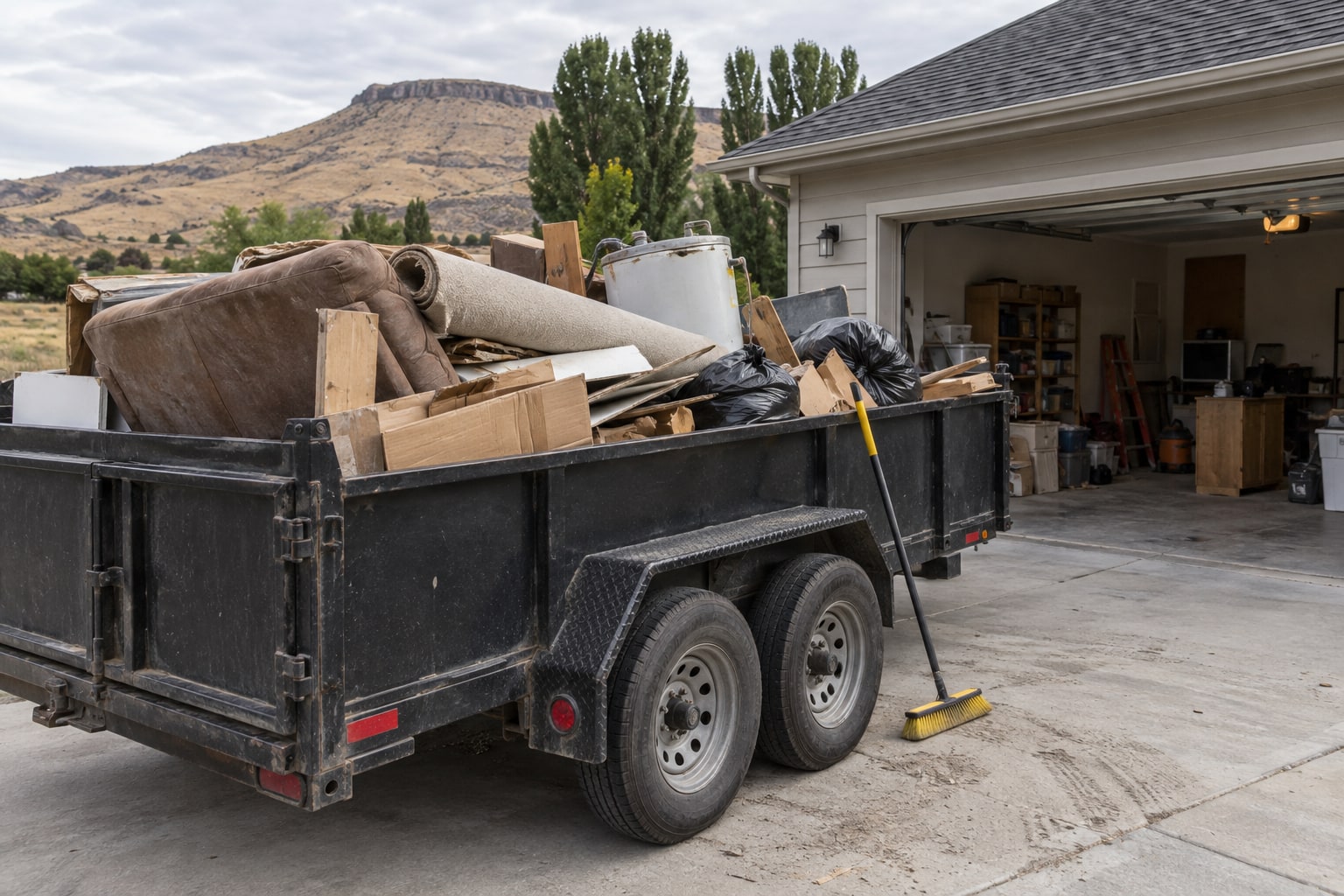Dump trailer backed up a driveway and loaded with old cabinets, carpet and construction debris from a cleanout.